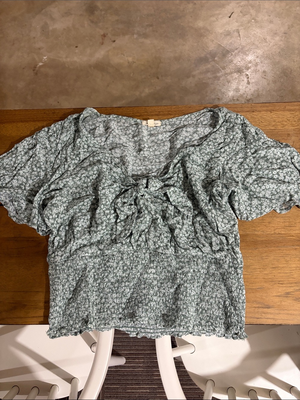Tie-Front Floral Smocked Blouse in Sage Green